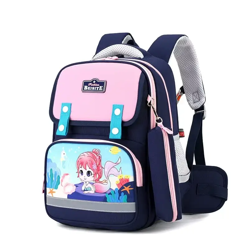Sac cartable primaire fille imperméable bleu marine et rose avec motif sirène, sangle de poitrine et trousse assortie incluse — design ergonomique et ludique pour l'école élémentaire.