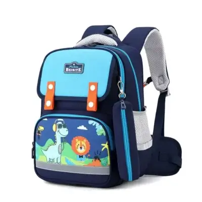 Sac à dos scolaire garçon bleu avec motif dinosaure et lion de la jungle, poche avant colorée, trousse attachée et sangle de sécurité — cartable imperméable et robuste pour le primaire.