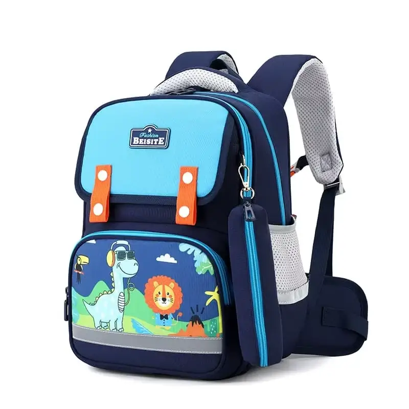 Sac à dos scolaire garçon bleu avec motif dinosaure et lion de la jungle, poche avant colorée, trousse attachée et sangle de sécurité — cartable imperméable et robuste pour le primaire.