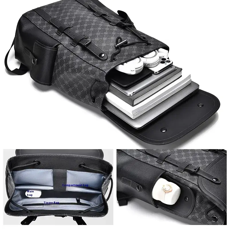 Intérieur du sac à dos homme 16 pouces ouvert montrant le compartiment principal avec livres, tablette et smartphone, ainsi que les poches latérales pour accessoires et la poche zippée intérieure — organisation pratique et grande capacité pour ordinateur portable.