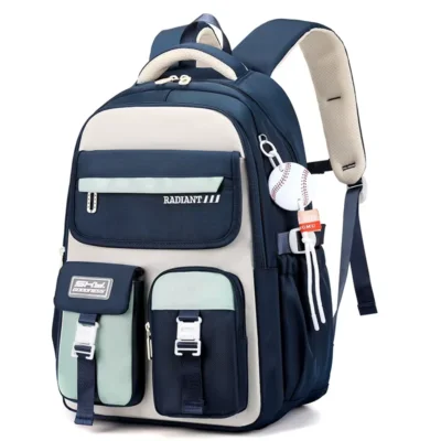 Cartable garçon bleu marine et blanc avec détails vert d'eau, style sport urbain japonais avec bretelles rembourrées crème et poche latérale pour gourde — sac à dos léger et résistant idéal pour le collège, le lycée et les activités extrascolaires.