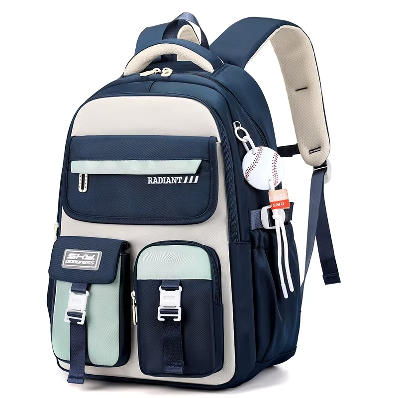 Cartable garçon bleu marine et blanc avec détails vert d'eau, style sport urbain japonais avec bretelles rembourrées crème et poche latérale pour gourde — sac à dos léger et résistant idéal pour le collège, le lycée et les activités extrascolaires.