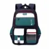 Sac à dos écolier bleu marine et vert avec détails rouges, logo KSL Fashion, poche avant transparente et bretelles rembourrées — cartable robuste et imperméable parfait pour le collège et les trajets quotidiens.