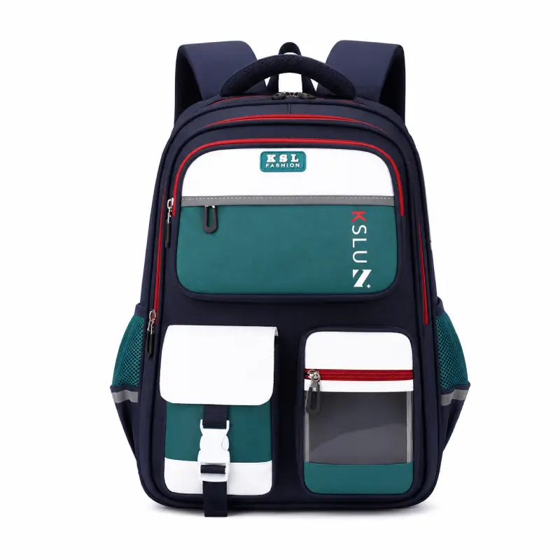 Sac à dos écolier bleu marine et vert avec détails rouges, logo KSL Fashion, poche avant transparente et bretelles rembourrées — cartable robuste et imperméable parfait pour le collège et les trajets quotidiens.