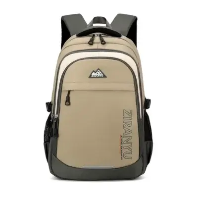 Sac à dos beige kaki ZIRANYU avec finitions vertes et noires, tissu Oxford résistant à l'eau, multiples compartiments zippés et bretelles rembourrées — sac à dos ordinateur élégant et fonctionnel pour le quotidien, l'école et les déplacements urbains.