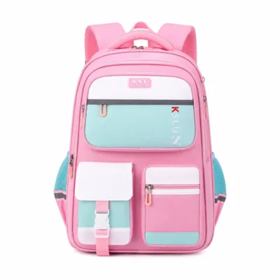 Cartable scolaire enfant rose et menthe à l'eau KSL Fashion, design color block avec multiples poches zippées, sangle de poitrine et bandes réfléchissantes — sac imperméable et ergonomique idéal pour l'école primaire