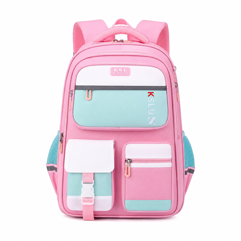 Cartable scolaire enfant rose et menthe à l'eau KSL Fashion, design color block avec multiples poches zippées, sangle de poitrine et bandes réfléchissantes — sac imperméable et ergonomique idéal pour l'école primaire