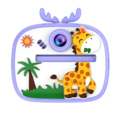 Appareil photo instantané pour enfant motif girafe 3D en silicone violet lavande, design safari avec palmier et soleil, boîtier robuste et ludique — caméra jouet idéale pour les tout-petits et les jeunes explorateurs.