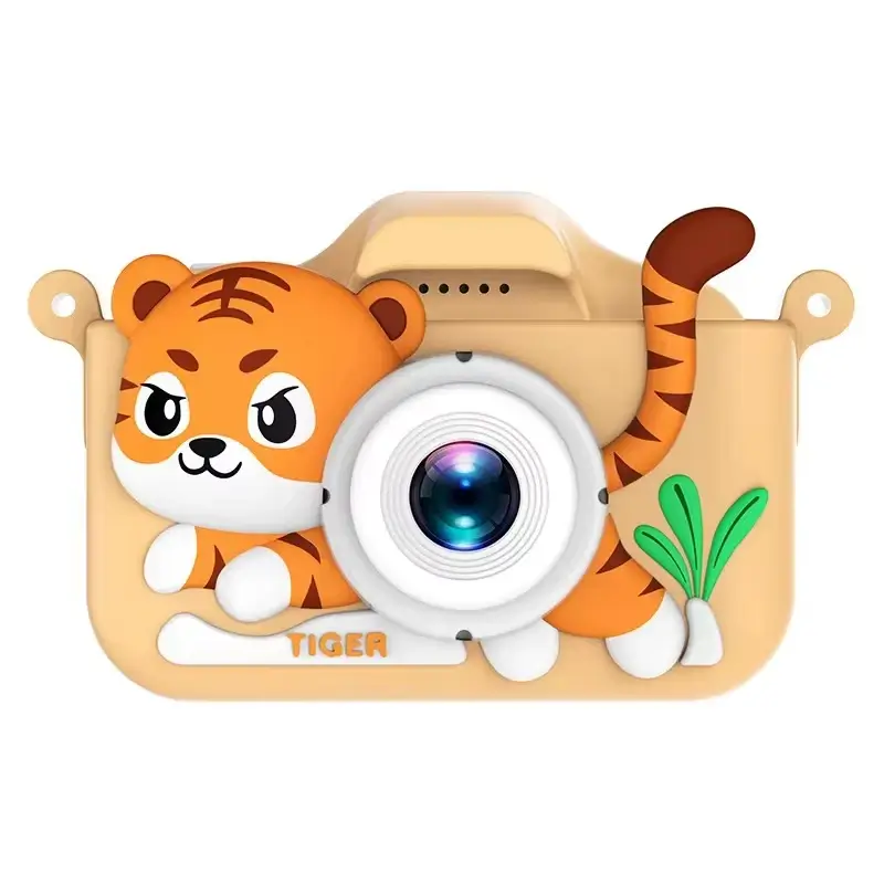 Appareil photo jouet numérique beige et orange avec adorable design de tigre en relief, double lentille et poignée ergonomique — mini caméra incassable et amusante pour enfant, parfaite pour l'éveil et la créativité.
