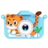Mini caméra numérique pour enfant motif tigre 3D en silicone bleu, double objectif, design ludique et robuste avec anse de transport — appareil photo jouet idéal pour les tout-petits et les jeunes photographes.