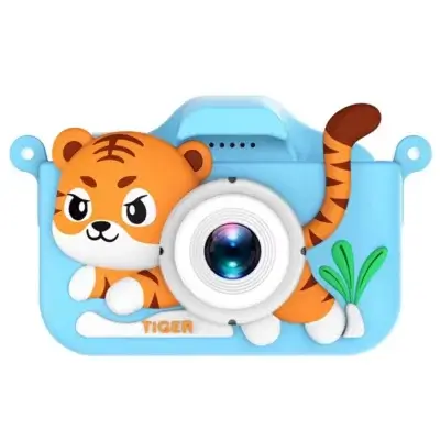 Mini caméra numérique pour enfant motif tigre 3D en silicone bleu, double objectif, design ludique et robuste avec anse de transport — appareil photo jouet idéal pour les tout-petits et les jeunes photographes.