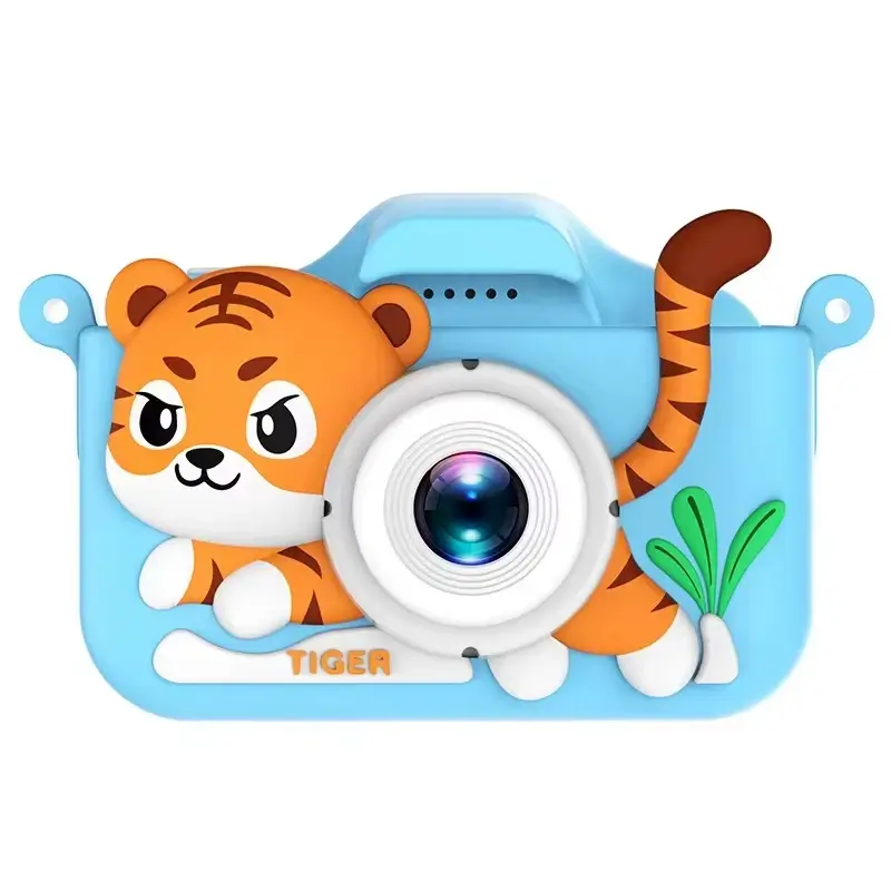Mini caméra numérique pour enfant motif tigre 3D en silicone bleu, double objectif, design ludique et robuste avec anse de transport — appareil photo jouet idéal pour les tout-petits et les jeunes photographes.